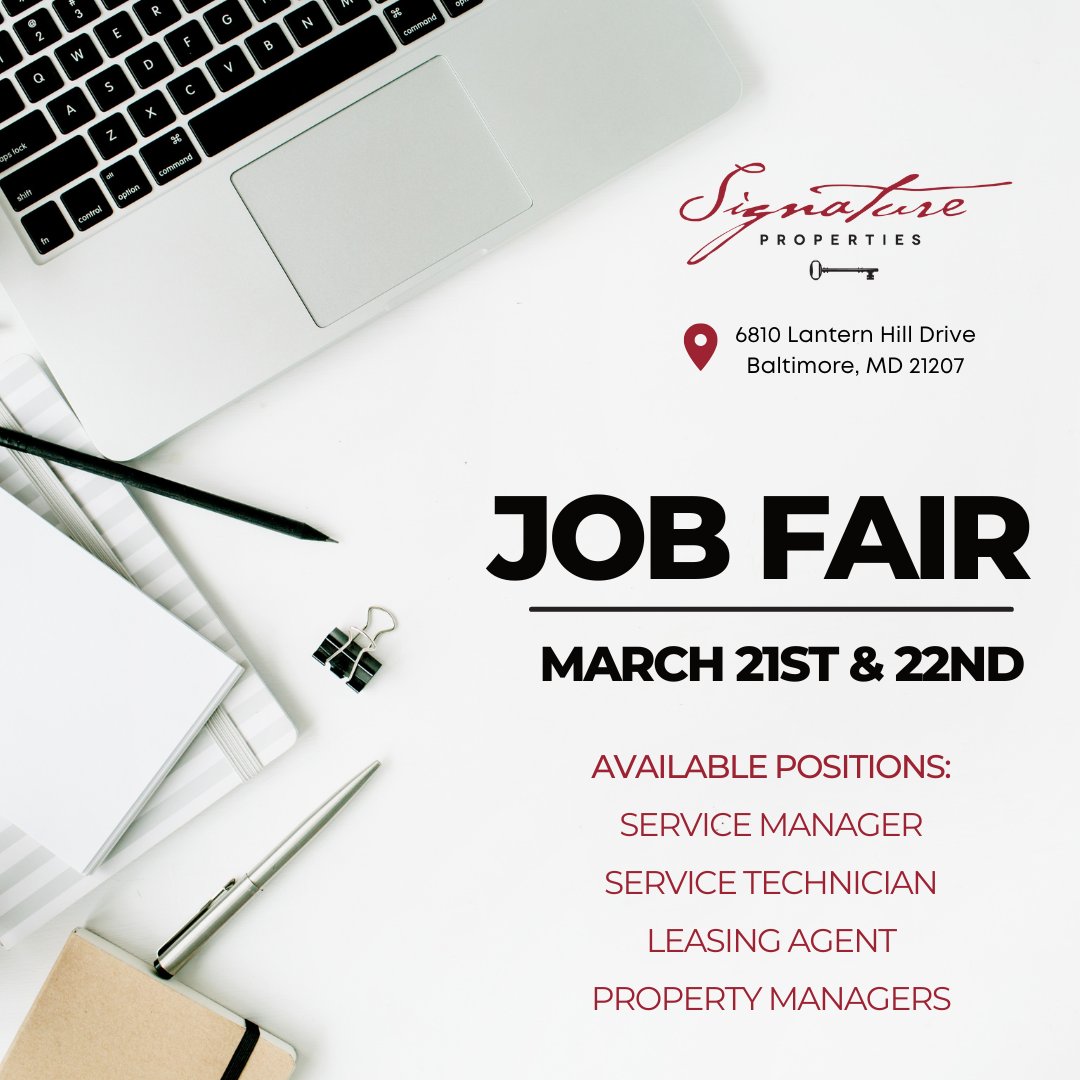 🗝️ REMINDER: Learn more about career opportunities with us at Signature Properties 🗝️

#NowHiring #JobFair #SignatureProperties #BaltimoreMD #MultifamilyHousing #MultifamilyRealEstate #MultifamilyCommunities #ApartmentRentals