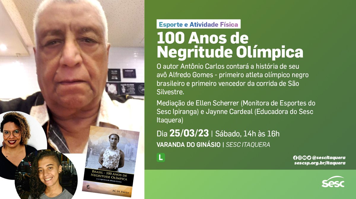 No próximo sábado, o Sesc Itaquera te convida a celebrar os 100 anos de participação de atletas negros brasileiros em eventos olímpicos. ✊🏾
>>>25/03 - Sábado, 14h.
Grátis | Livre para todos os públicos

#SescItaquera #Itaquera #ZonaLeste 
#Negritude #Olimpíadas #HistóriadoEsporte