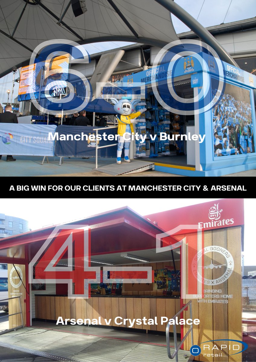 Big win for some of our clients at home this weekend! ⚽️
Both Arsenal and Manchester City utilise a range of Merchandise stores, from Rapid Retail around their grounds. 

#arsenal #manchestercity #crystalpalace #burnley #football #retail #retailsolutions