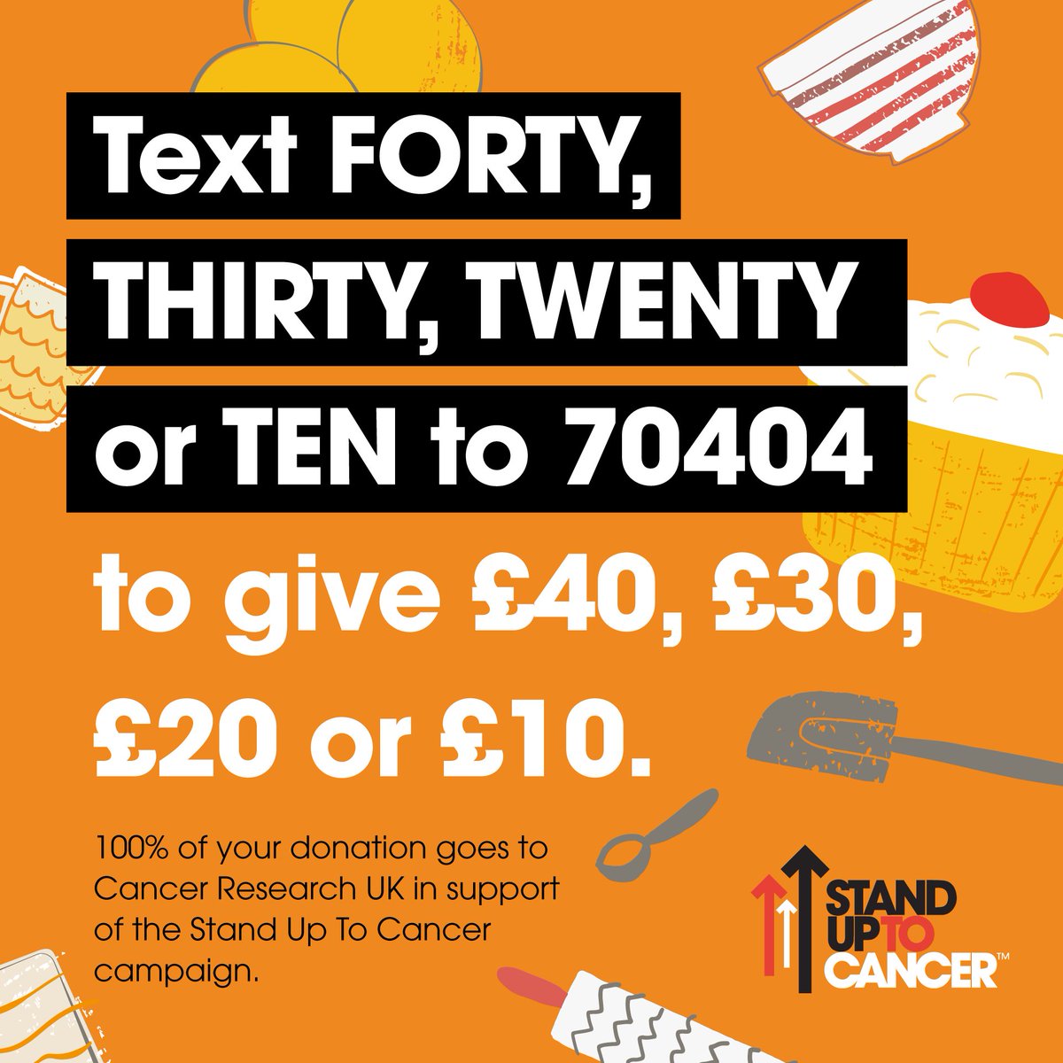 Loving <a href="/BritishBakeOff/">British Bake Off</a>? Your support makes all the difference 🧡 

📲 Text FORTY, THIRTY, TWENTY or TEN to 70404 to donate £40, £30, £20 or £10. Thank you! #GBBO  

Texts cost £40, £30, £20 or £10 +1 standard rate txt. 16+, UK mobs only. Ts&amp;Cs: su2c.org.uk/terms