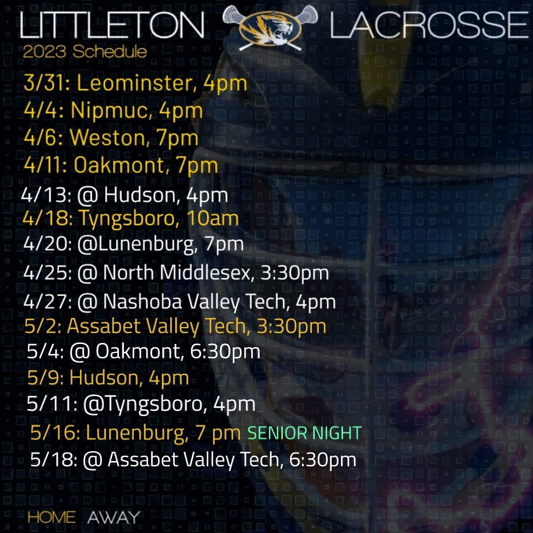 Here's the 2023 LHS Boys Lacrosse Varsity schedule. Let's go! #Lacrosse #LittletonLacrosse #LittletonMA #Lax