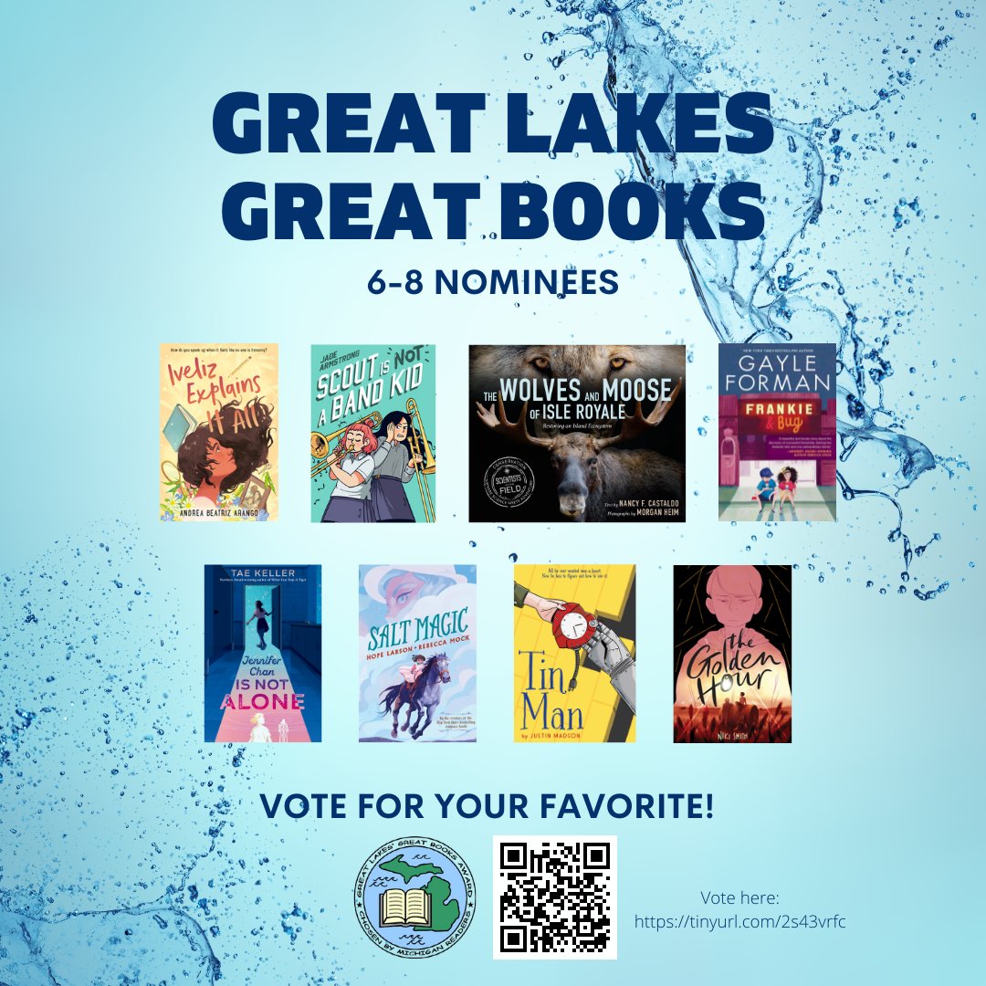 We are pleased to announce the 2023-24 Nominees for the Great Lakes Great Books Award! 6-8 Nominees: @bermudezbahama @jelajade @NCastaldoAuthor @gayleforman @hopelarson @rebeccamock @justinmadson @niki_smith #AndreaBeatrizArango #MorganHeim #TaeKeller Congratulations nominees!