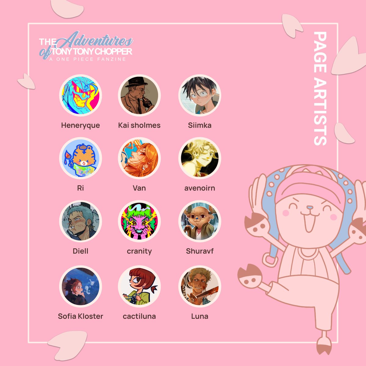 OPChopperZine's tweet photo. 🌸 Contributor Lineup 🌸 

Chopper's clinic is happy to announce the full lineup of our incredible team, please give them a warm welcome! https://t.co/ps32ZH69va