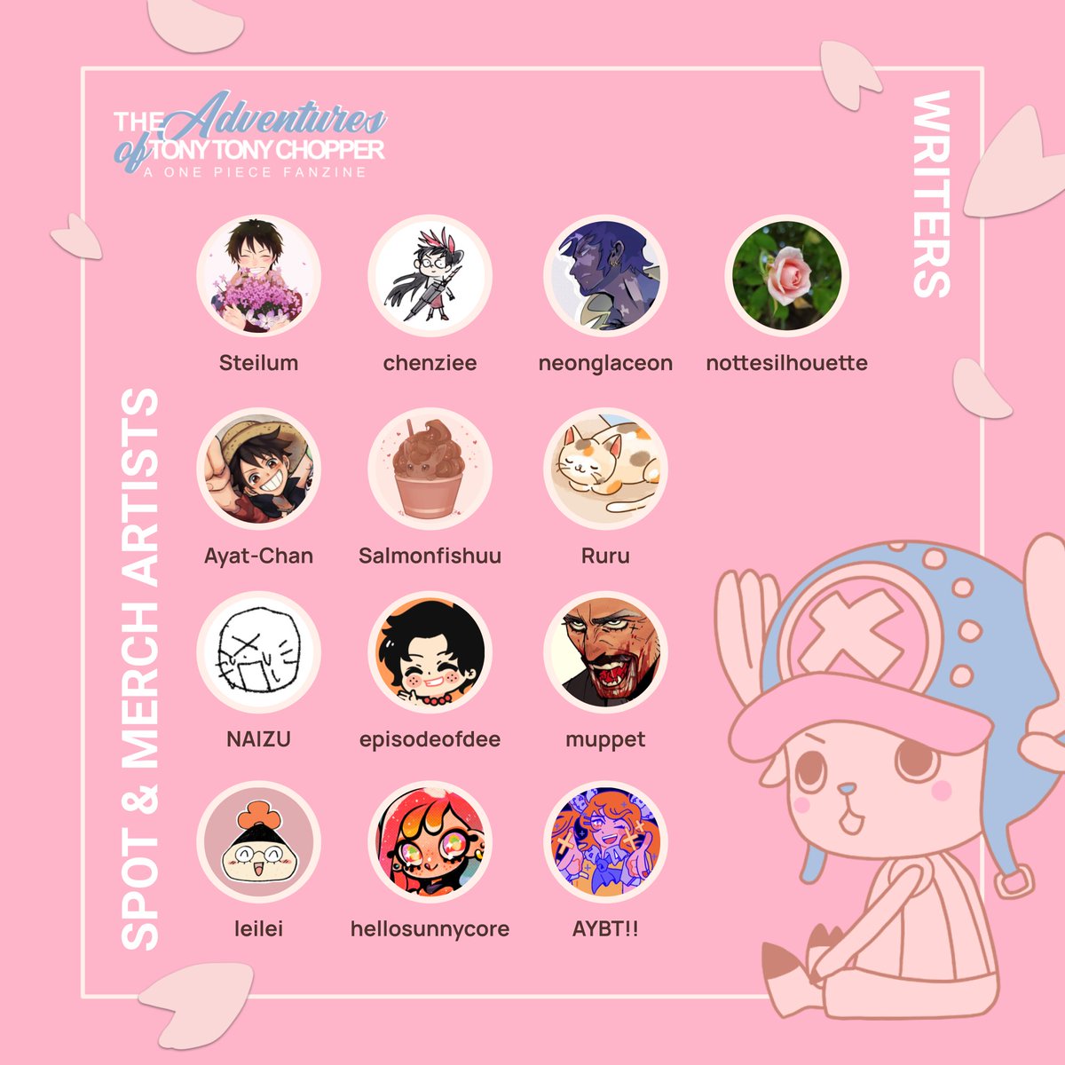 OPChopperZine's tweet photo. 🌸 Contributor Lineup 🌸 

Chopper's clinic is happy to announce the full lineup of our incredible team, please give them a warm welcome! https://t.co/ps32ZH69va