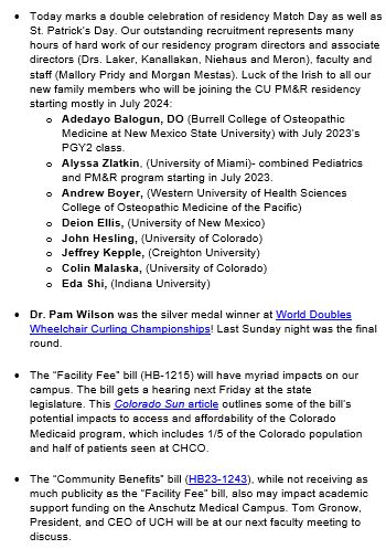 #4FromRChair <a href="/VenuAkuthotaMD/">Venu Akuthota</a> CU PM&amp;R extends a warm welcome to our newest residency cohort who matched with our department on March 17, and congratulates Dr. Pam Wilson.