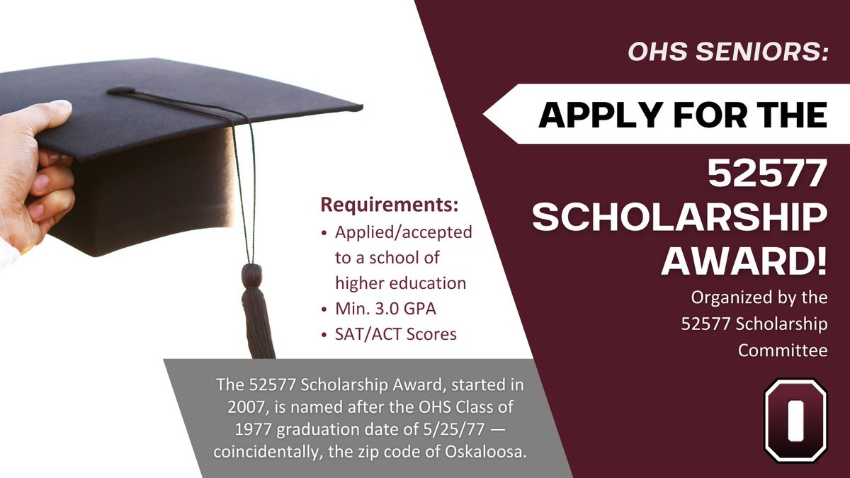 OskySchoolsIA's tweet photo. Applications are due MONDAY for the 52577 Scholarship Award! OHS graduating seniors with a min GPA of 3.0 w/ plans to attend college are encouraged to apply. View requirements &amp; application materials: https://t.co/yQgjveyYoW #oskypride #ALLIN https://t.co/rlrLZlVjW7