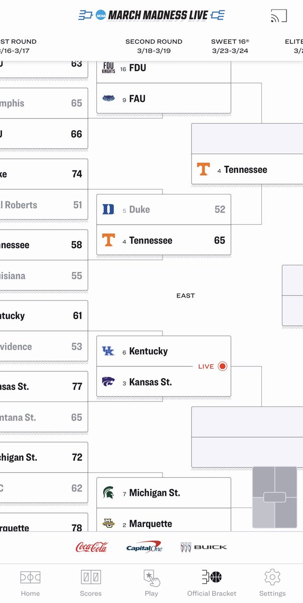 andydhunt's tweet photo. Crazy that the East region where Marquette is has two cool stories (FDU and FAU) but otherwise the rest of the region is chalk, with the 2, 3, 4, 5, 6, and 7 seeds winning so far. https://t.co/lG9dbAStvt