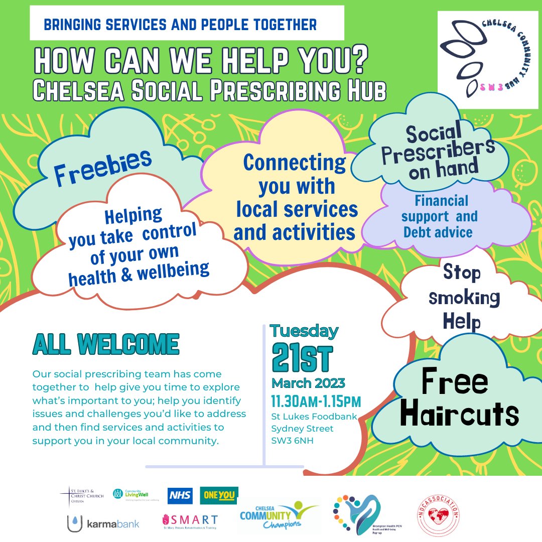 ChelseaCChamps's tweet photo. Chelsea Community Hub PopUp for healthcare services, social care programs & activities. With Brompton PCN, St Lukes Church, and Community Champions- aiming to improve health outcomes for all. Join us on Tue 21st Mar 2023 from 11.30-1.15pm! #splw #socialprescribing #nhs #oneyou https://t.co/FF0L4l8hPv