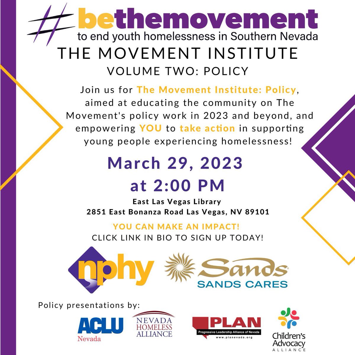 NVHomelessYouth's tweet photo. Join us for The Movement Institute: Policy, aimed at educating the community on The Movement's policy work in 2023 and beyond, and empowering YOU to take action in supporting young people experiencing homelessness! https://t.co/3QsVZeGBPQ https://t.co/TtGp0Gkgcb