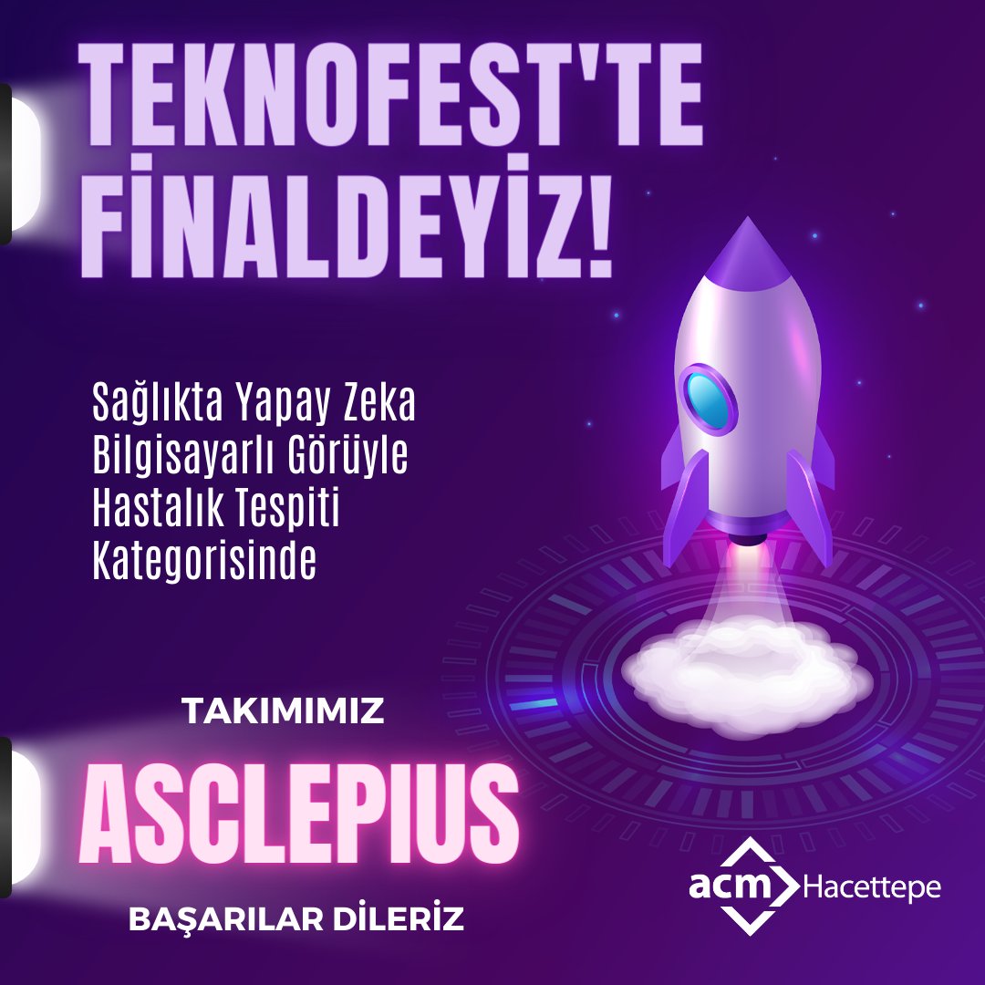 acmhacettepe's tweet photo. TEKNOFEST'TE FİNALDEYİZ! 🥳

Ar-Ge ekibi olarak kurduğumuz takımımız 'Asclepius', 'Sağlıkta Yapay Zeka Bilgisayarlı Görüyle Hastalık Tespiti' kategorisiyle finalde! 💜

Takımımıza başarılar dileriz. 🤩

#acmhacettepe #teknofest https://t.co/PHigq78kYm