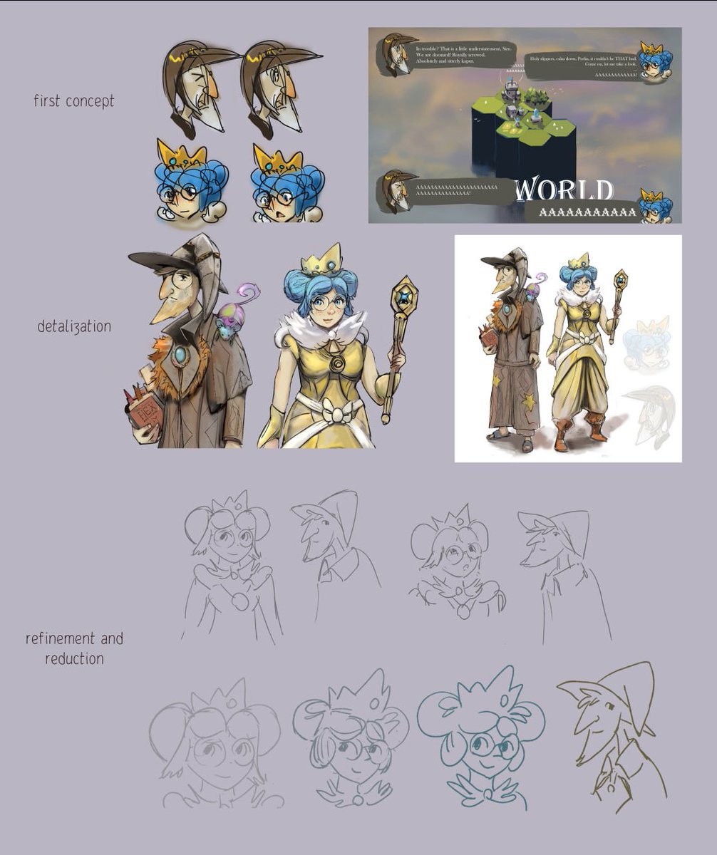 VolcanicGiraffe's tweet photo. First time ever went that far for visual character development. That's 2 characters for the game. 

Why reduction is so hard tho? 

#hexworld #indiedev  #characterart https://t.co/RO2CBBp2Kp