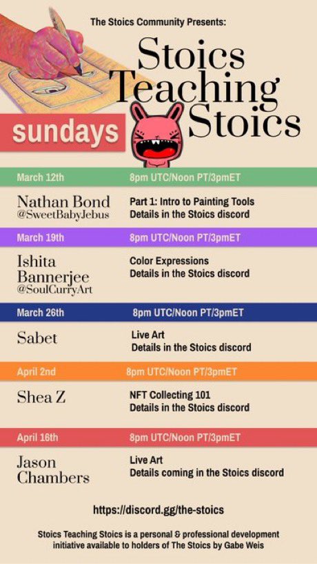 Getting so pumped to have one of my favorite artists on the planet, the legendary <a href="/soulcurryart/">SoulCurryArt | Ishita Banerjee</a> teach <a href="/TheStoicsNFT/">The Stoics by Gabe Weis</a> about color theory today at 12pm pst for our Stoics Teaching Stoics Series. Come join us in the our discord!