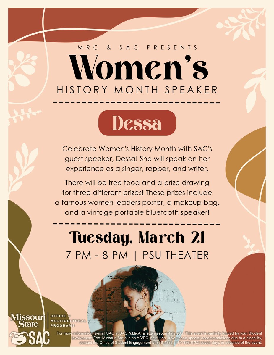 Missouri State University Family Programs (@bearsfamilies) on Twitter photo Join <a href="/MOStateSAC/">Student Activities Council at MSU</a> & <a href="/mostatemp/">MO State Multicultural Programs</a> for its Women's History Month Speaker, Dessa, on March 21st, 7-8pm in the <a href="/MSU_PSU/">Plaster Student Union</a> Theatre. Dessa will speak on her experiences as a rapper, singer & writer. There will be free food and prizes. Join <a href="/MOStateSAC/">Student Activities Council at MSU</a> & <a href="/mostatemp/">MO State Multicultural Programs</a> for its Women's History Month Speaker, Dessa, on March 21st, 7-8pm in the <a href="/MSU_PSU/">Plaster Student Union</a> Theatre. Dessa will speak on her experiences as a rapper, singer & writer. There will be free food and prizes.