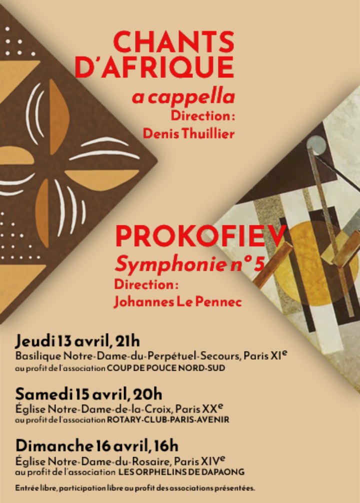 NoteEtBien's tweet photo. Programme énergique en avril ! Chants d'Afrique et Symphonie n°5 de Prokofiev.
Les 13, 15 et 16 avril à Paris 9ème, 20ème, et 14ème.
Entrée libre, participation libres au profit des associations caritatives soutenues. https://t.co/IBYEndqTT2