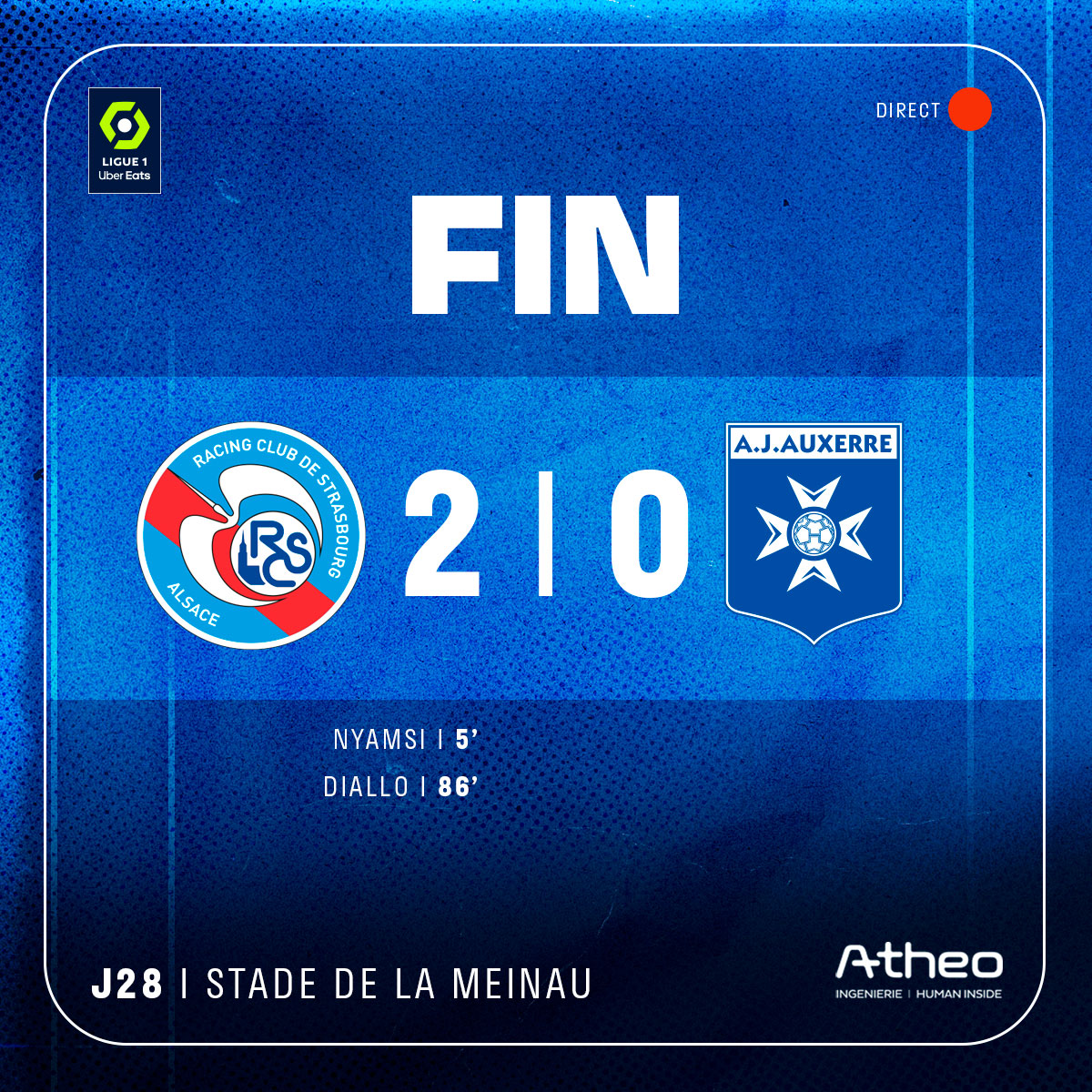 🏁 C'est fini !
Grosse victoire pour nos Bleu&Blanc qui prennent 3 points ultra importants !!

BRAVO MESSIEURS ! 💙

#RCSAJA (2-0)