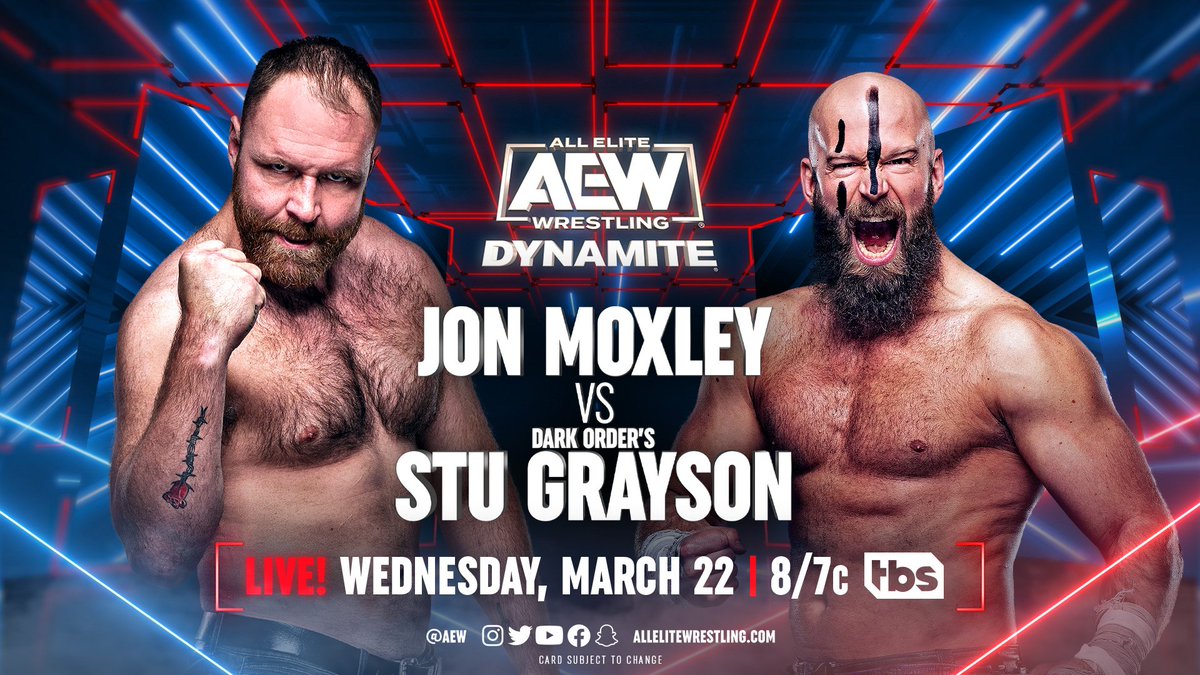 stu_dos's tweet photo. Next Wednesday on AEW Dynamite, I have my very first singles Match on TV ever.  I wasn't allowed before because I tend to lose control when Uno isn't around me, something about me being a liability to the company due to my anger issue and violence tendency.
Now the leash is off. https://t.co/G1sDmLOSQx