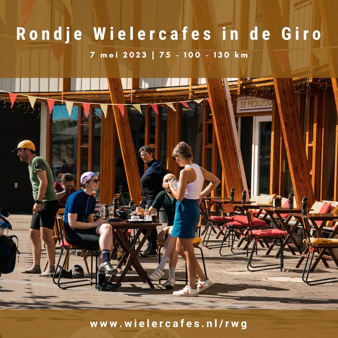 Zondag 7 mei 2023: Rondje Wielercafes in de Giro 
Toertocht vanaf wielercafé De Proloog in Amerongen. 
🔥 Routes: 75 - 100 - 130 km
👉 Alle informatie &amp; inschrijven: wielercafes.nl/rwg