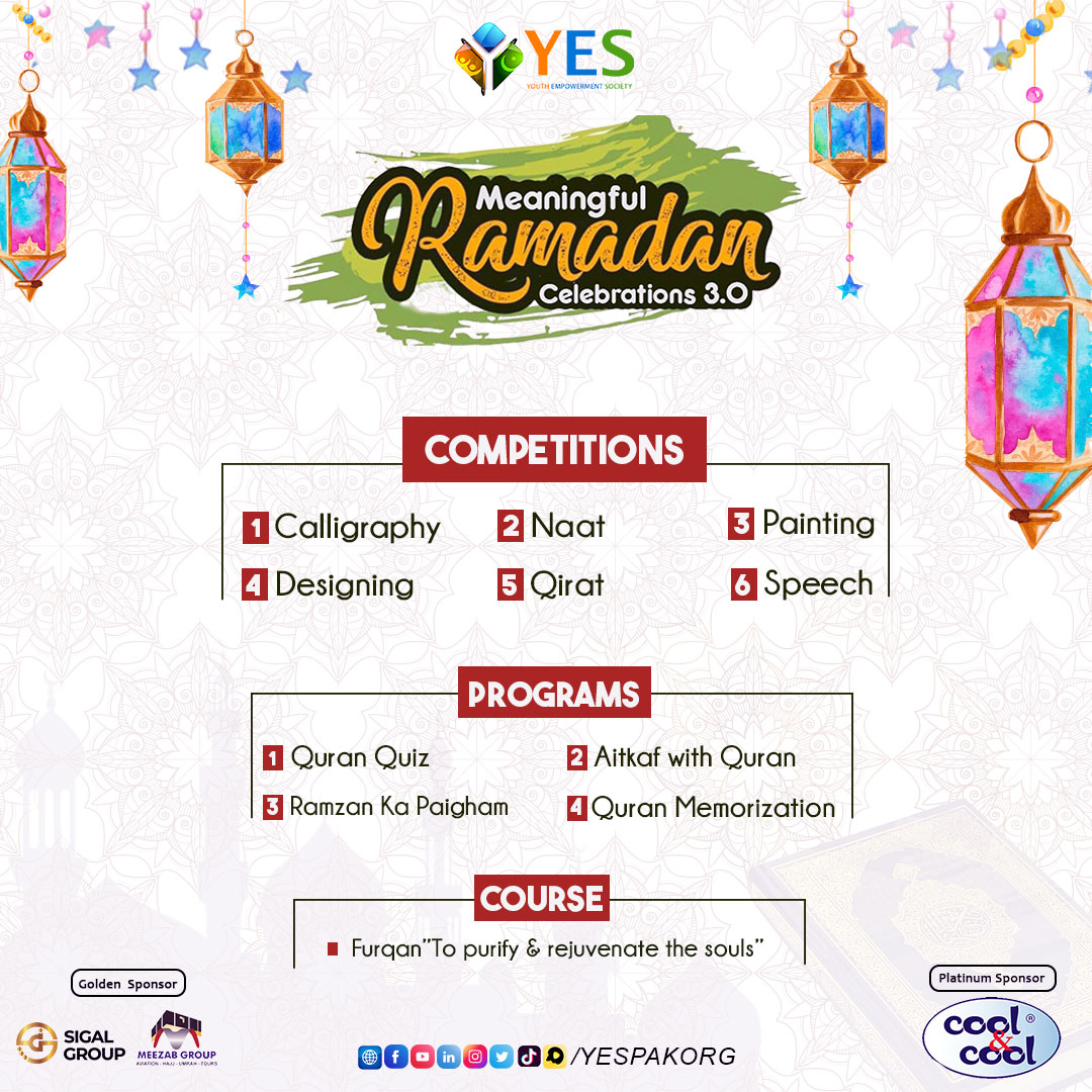 yespakorg's tweet photo. YES is organizing "Meaningful Ramadan celebrations, 3.0" in which, we're going to organize different competitions, Online programmes and courses. 
The categories for competitions are following:
~Qirat
~Naat
~Speech
~Calligraphy
~Painting
~Designing

https://t.co/TxG2TAKcDE

#MRC https://t.co/FomerghVat