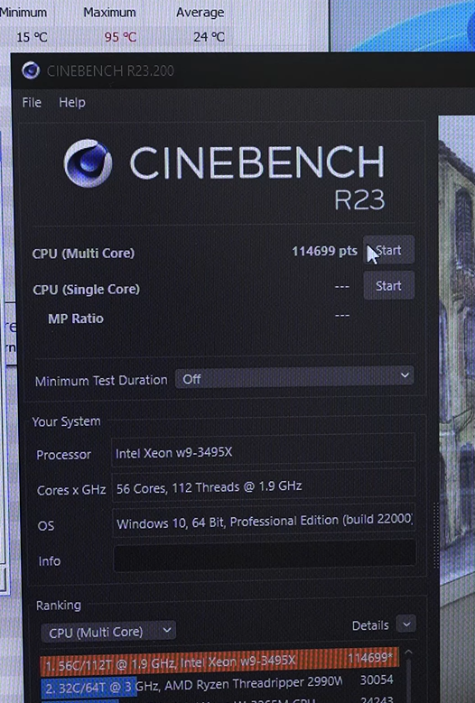 SkyJuice60's tweet photo. 56c 3495X OC
Enermax 360mm AIO (700W thermal limit)
4.0GHz 1.0V: R23 96960 (throttles after hitting 102°C in 3 seconds)

EK 480mm Custom Loop
4.7GHz 1.13V: R23 114699 (hits 95°C in 6 seconds)
Mainboard pulls over 1000W at peak
https://t.co/xa2Kfa5SYw https://t.co/lvfRIO0uH2