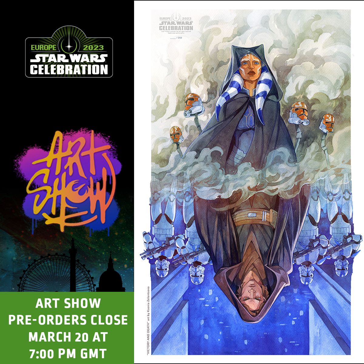 Get yourself one of the finest pieces of artwork in the Galaxy 💫 The Art Show pre-orders will close on March 20 at 7:00 PM GMT. 

There will be very limited quantities available at #SWCE. Secure yours today and pick up onsite at The Art Show presented by Acme Archives!