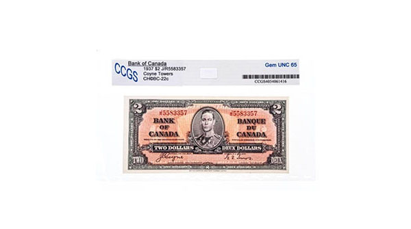 Bank of Canada 1937 $2 GEM UNC 65 CCGS
auctionnetwork.hibid.com/lot/150354940/… - Mixed Stock &amp; Collectibles | Coins, Stamps, Banknotes, RCM &amp; More! Online Auction  Sunday, March 19, 2023 at 6:30pm EST.
#OnlineAuction #CoinAuction #Stamps #Collectibles #Banknotes #Auction
