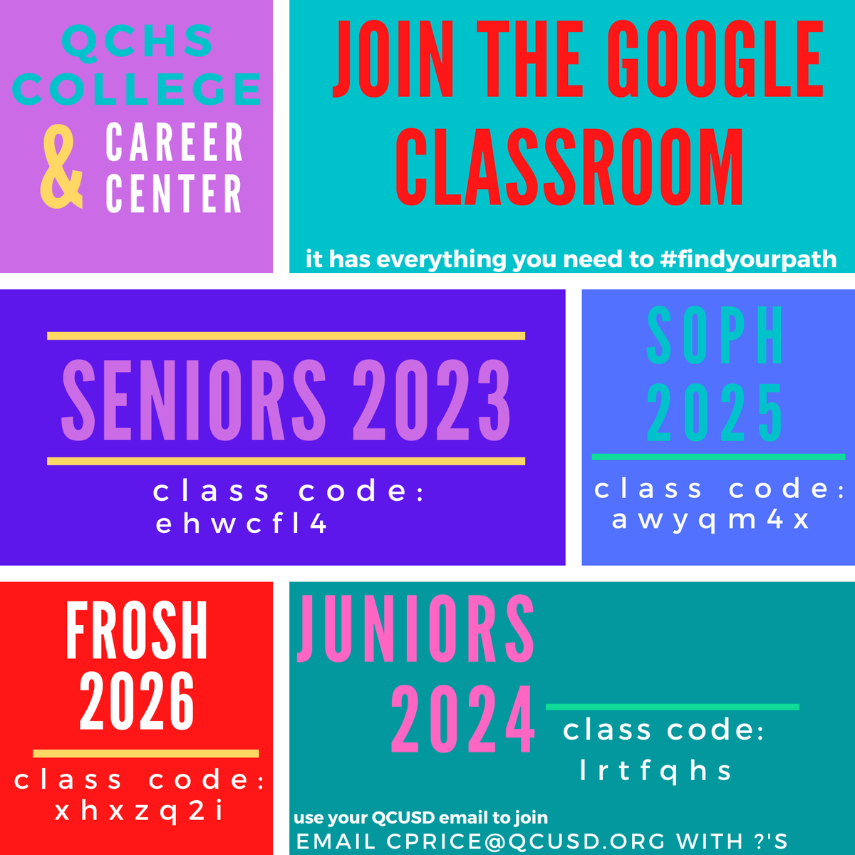 QCHS_CCC's tweet photo. It's not too late! Have YOU joined the the QCHS College &amp; Career Center Google Resource Classroom?  Don't miss out on everything you need to  #findyourpath. 
**They are specific to grade level and require a QCUSD email to access. https://t.co/mVmpFbSoZL