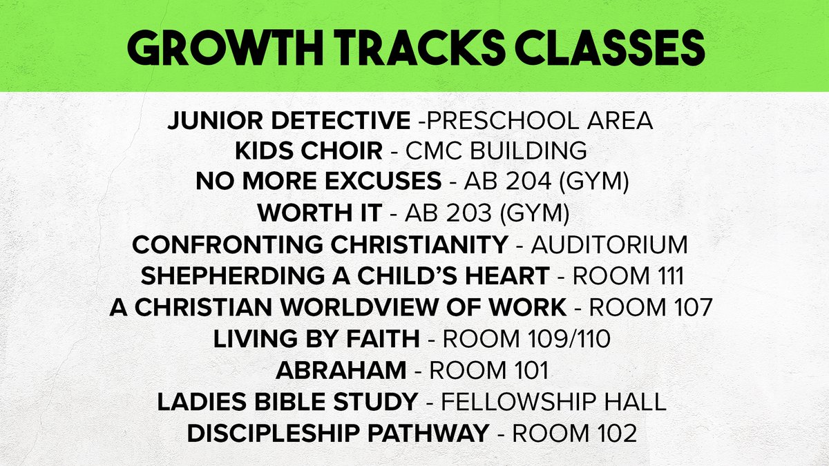 CalvaryRedBank's tweet photo. Sunday Night Growth Tracks starts tonight at 6! We're excited to get these classes underway and grow together as a church family. Check out this list of classes and where they'll take place so you know where to go when you get to church this evening. #calvaryredbank #growthtracks https://t.co/pFM0QWJU6X