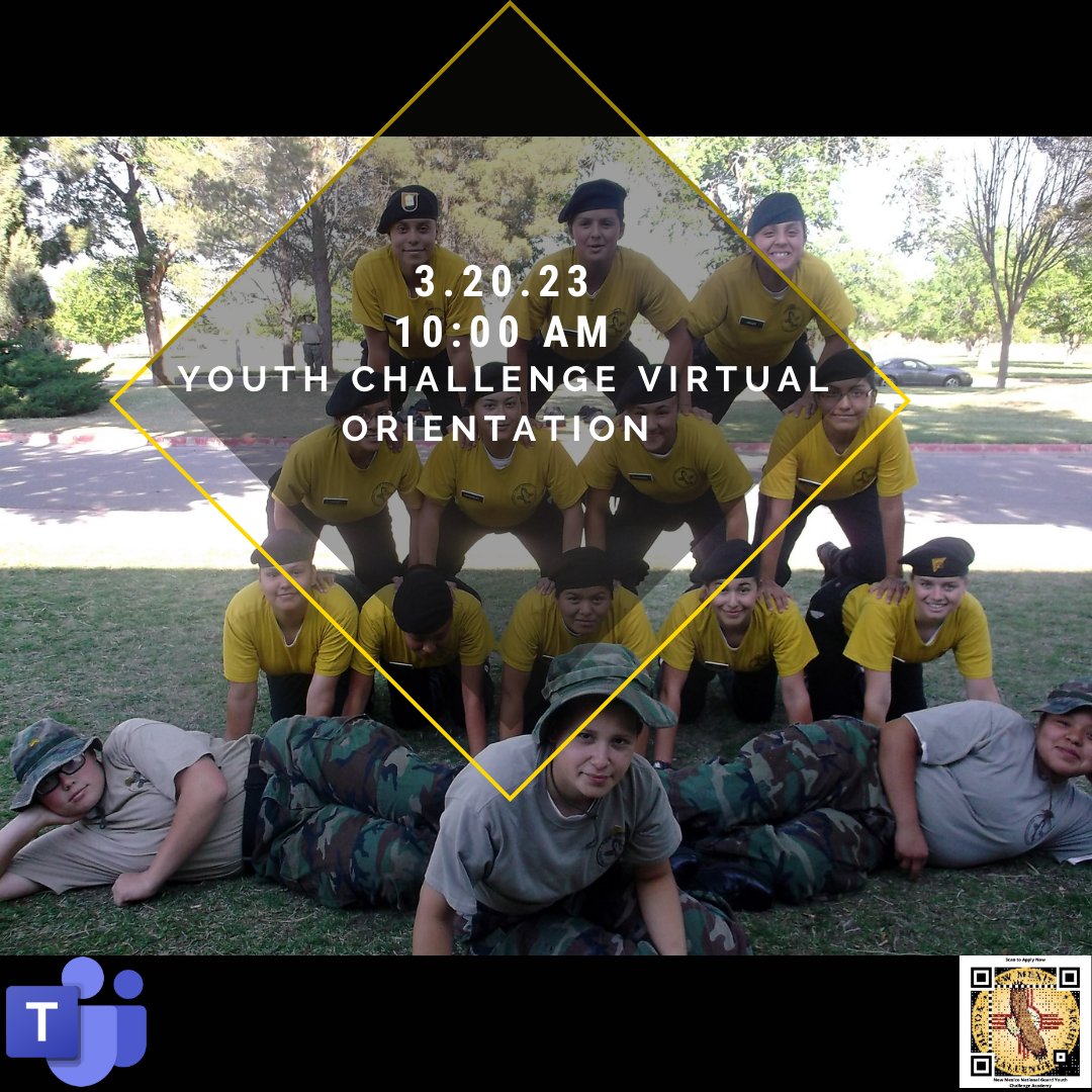 Join us tomorrow and get to know New Mexico Youth ChalleNGe. Find out if we can help your teens graduate and get back on track to succeed. 
NMYCA Virtual Orientation March 20 @ 10 am. Join us via Microsoft Teams. For more information go to buff.ly/352wmFC
