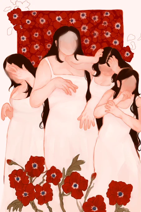 a self portrait i made about being visibly autistic &amp; how "everyone's looking" - the anemone flowers are meant to resemble eyes !  