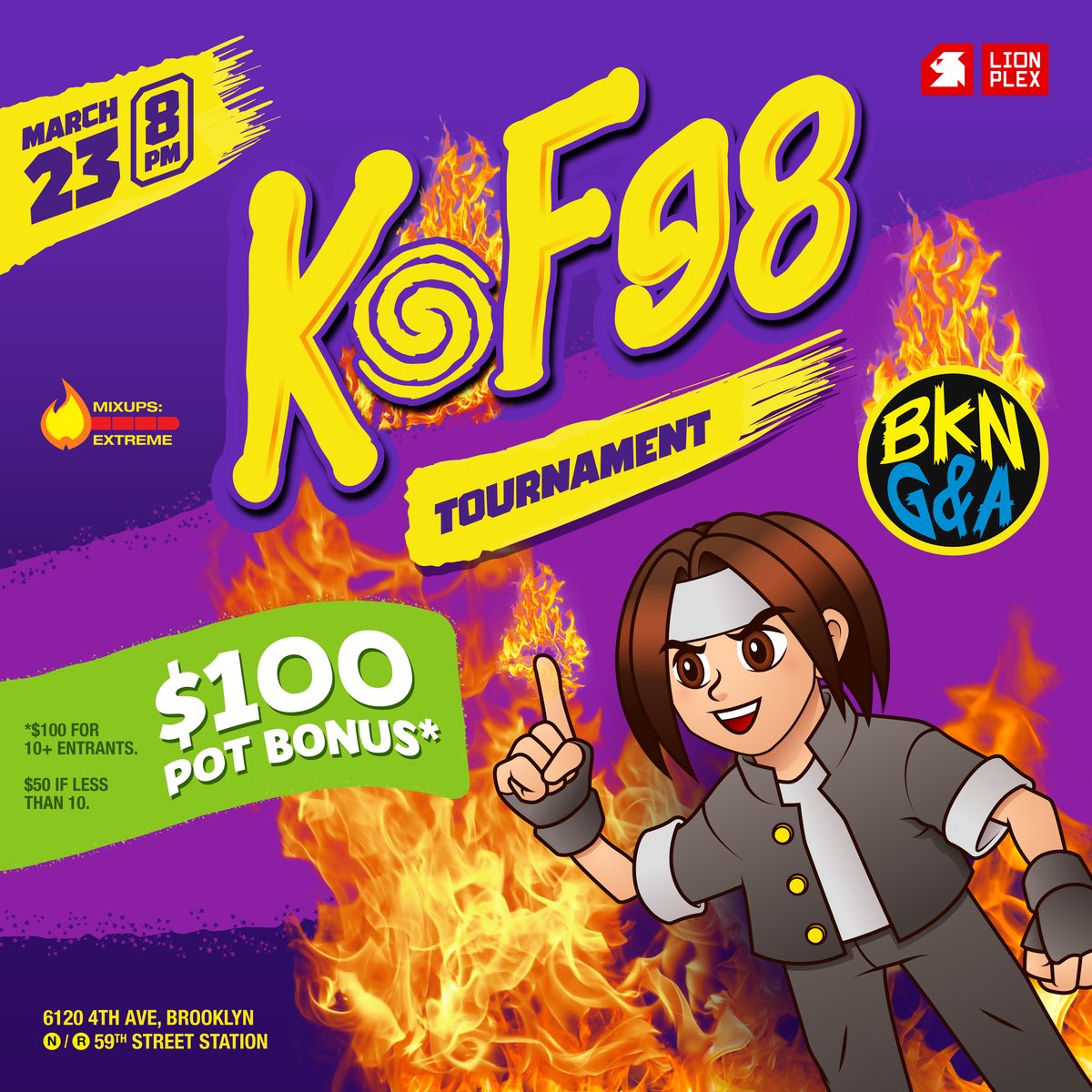 ArcadeBrooklyn's tweet image. #kof98 #ruletas #randomselect this Thursday at 8pm. 

Sign up now: challonge.com/kof9811

Flyer by: @lionplex 

Anyone up for commentary Dm me. #bvg2 #brooklyngamesandarcade