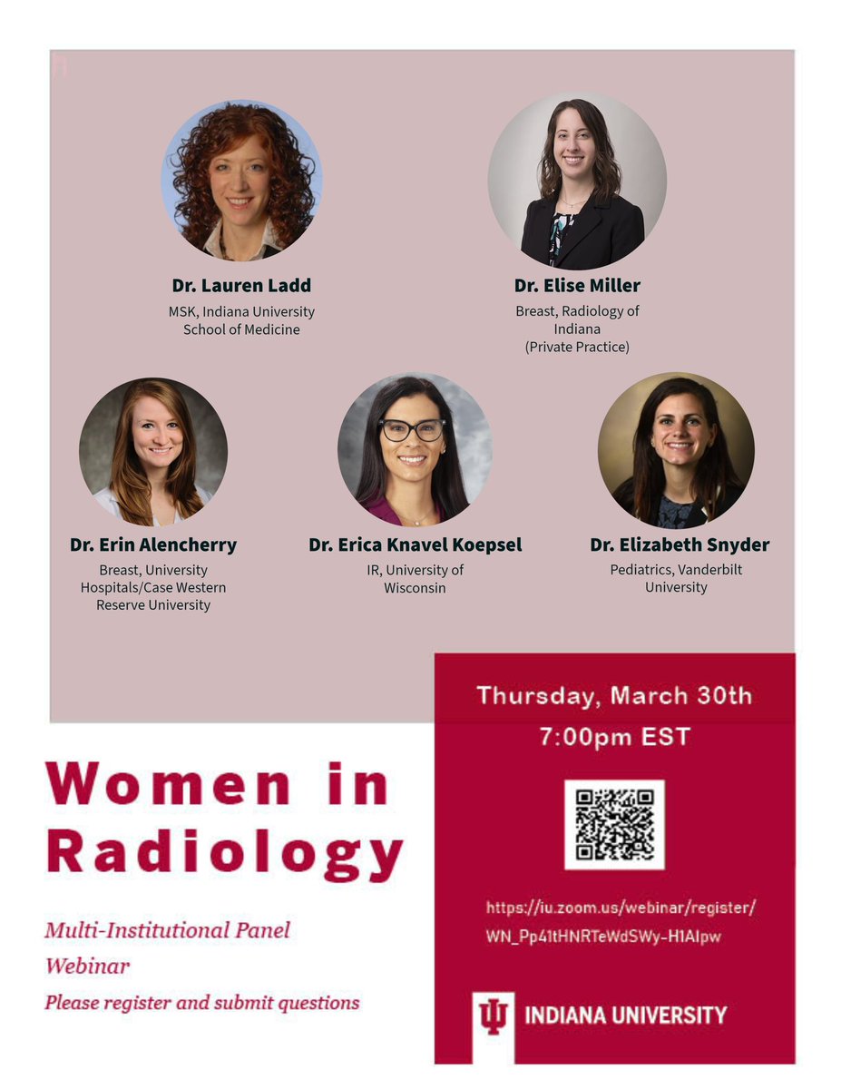 #FutureRadRes Please join us on Thursday, March 30th, at 7pm EST to hear from this amazing multi-institutional panel of women in radiology and learn more about this specialty and career pathways! @IURadiology #Womeninradiology #medtwitter #RadTwitter #Radiology #DEIJ
