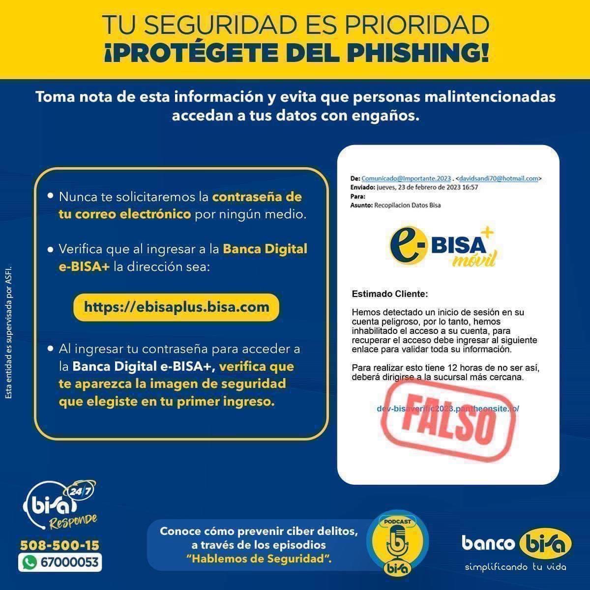 ¡Tu seguridad es nuestra prioridad! 🧐✅
Lee con atención 👀 y toma nota de las siguientes consideraciones para evitar que personas malintencionadas accedan a tus datos.
#BancoBisaSimplificandoTuVida
#SeguridadDigital