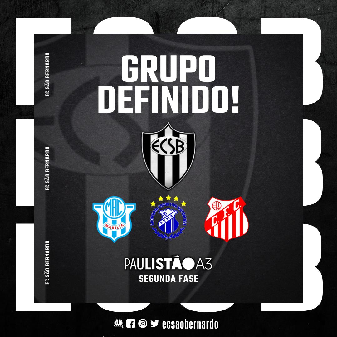ecsaobernardo_'s tweet photo. Grupo definido! ☑️

Esse será o grupo do EC São Bernardo na segunda fase da Série A-3. Com turno e returno, o clube enfrentará Marília, Matonense e Capivariano. Os dois primeiros avançam para a semifinal. 

Vamos! ⚫️⚪️ https://t.co/zbWA1tcr0O