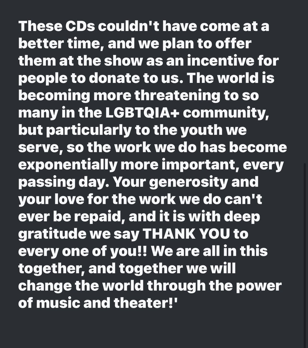 We received this photo of some of Proud Theater’s youth &amp; mentors &amp; a heartfelt thank you from Brian Wild at Proud Theater. The donated Adam Lambert “High Drama” CDs will be used at an upcoming show as an incentive for donors! Thank you to all for supporting Proud Theater !