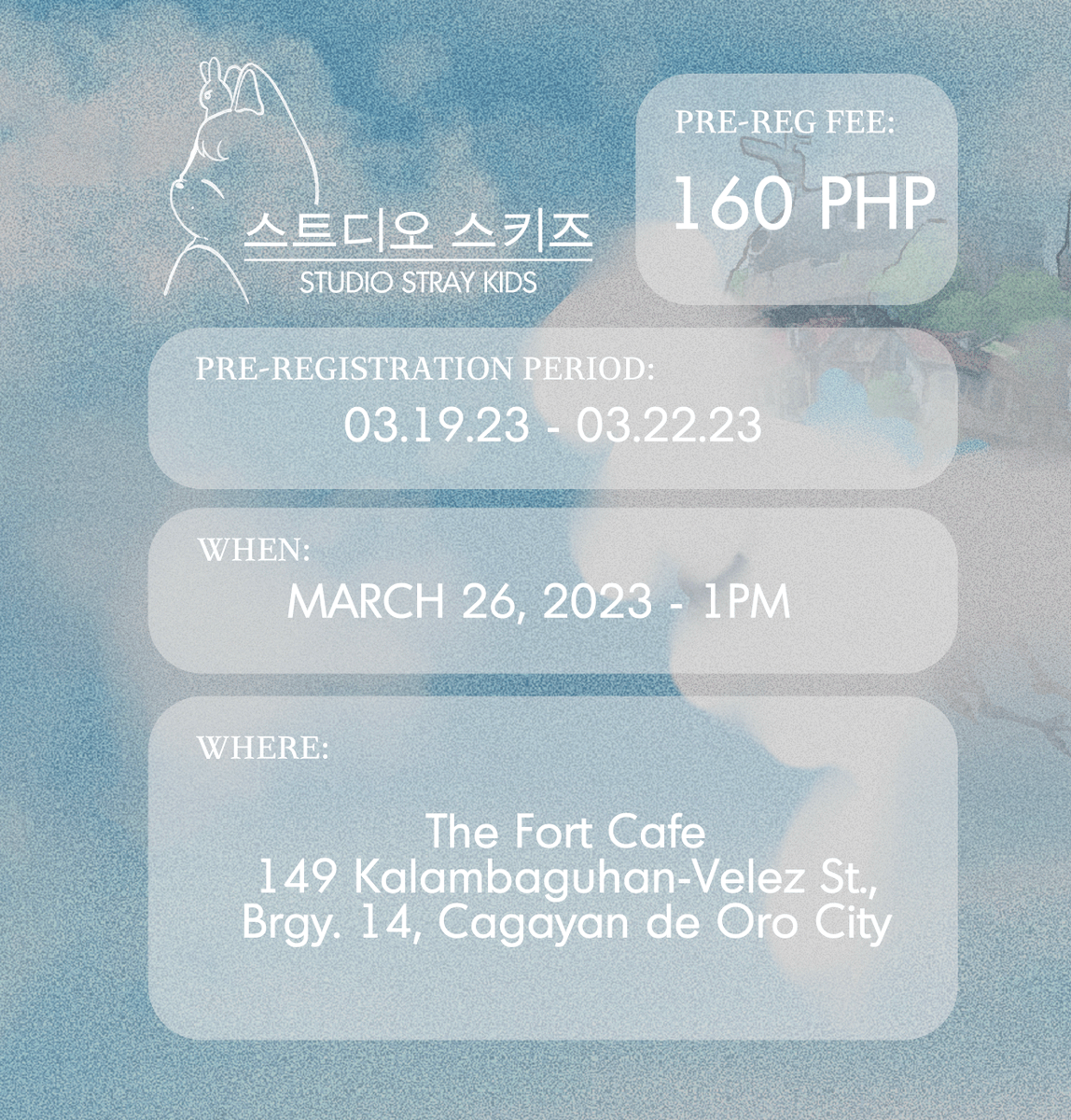 lovestay_cdo's tweet photo. 🌙 #Studio_STRAYKIDS 🌙

Join us in celebrating SKZ’s 5th Anniversary in collaboration with @allforskzph 

Pre-reg period: 03.19~03.22
https://t.co/HRx9VodNj6

📅 03.26.23
📍The Fort Cafe
✔️ See photos for more details
❗️Strictly no walk-ins

#스트레이키즈 #StrayKids https://t.co/j38GohtiTs