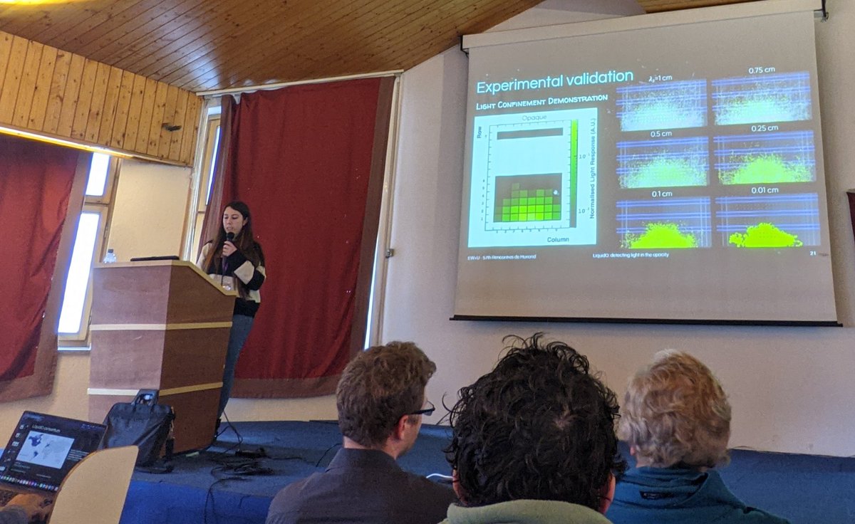 Sunday afternoon session at #Moriond thread: Diana introduces <a href="/LiquidODetector/">LiquidO</a>. Beautiful localisation of interactions in opaque scintillator: both predicted and experimentally tested with a 10l prototype