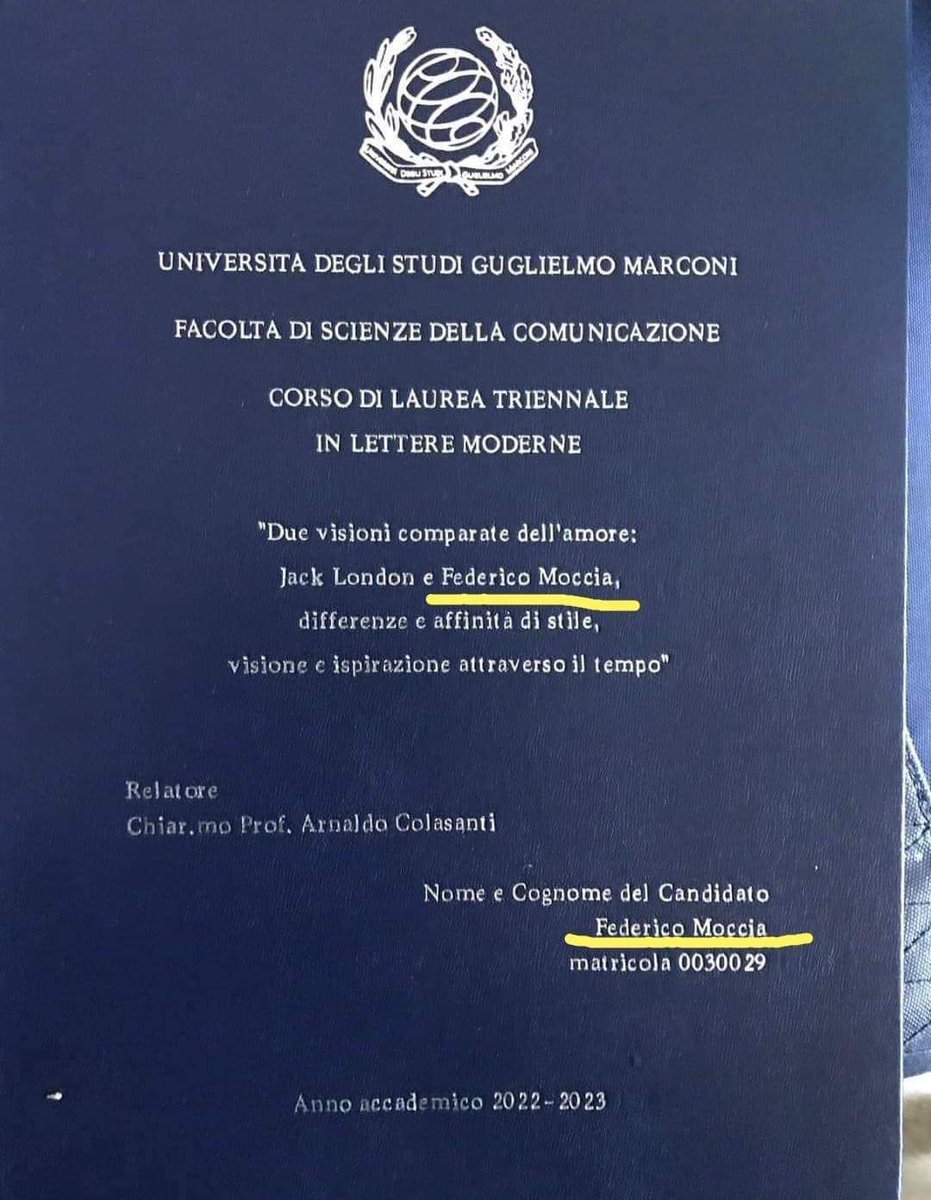 CrazyItalianPol's tweet photo. Federico Moccia, successful writer and former mayor of Rosello (a town of 182 inhabitants in the province of Chieti) graduates in modern literature with a thesis on himself.

March 19, 2023 https://t.co/9r3OiewI1D