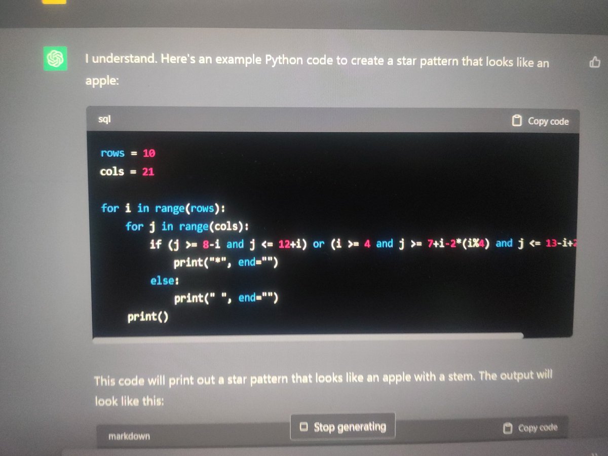 kushalhemanth's tweet photo. Here is #chatgpt4 what an update i prompted to make a star pattern which looks like an apple and here is what i get !! The apple tree lol 😂 #openai #ChatGPT #GPT4 https://t.co/gd2x6oa0Us