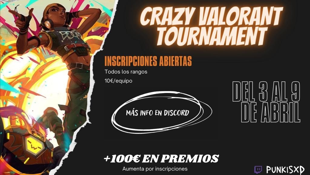 🤪¡CRAZY VALORANT TOURNAMENT! 🤪

 🏆Premio: +100€

📌Elos: Todos

📝 INSCRÍBETE AQUÍ: docs.google.com/forms/d/e/1FAI…
👾 DISCORD: discord.gg/8HGrvvvm4q

#valorant #torneo #crazytournament