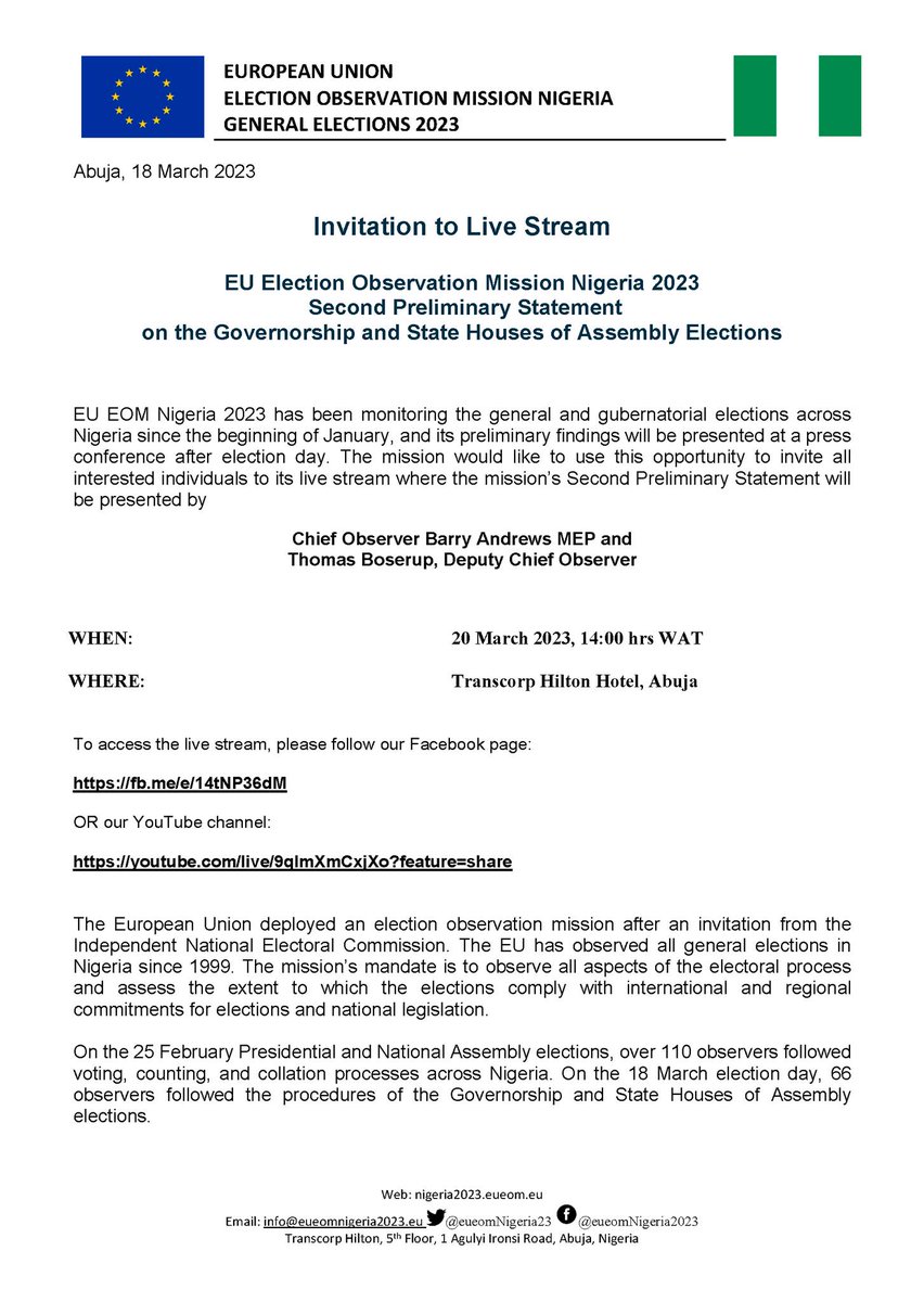 eueomNigeria23's tweet photo. We cordially invite the public to follow the press conference live tomorrow for the presentation of our second Preliminary Statement of findings on the #Gubernatorial elections. To access the live stream, please follow https://t.co/vIAmiaNbrZ  OR 
https://t.co/aKcZPXo832 https://t.co/UkcdBZBTa1