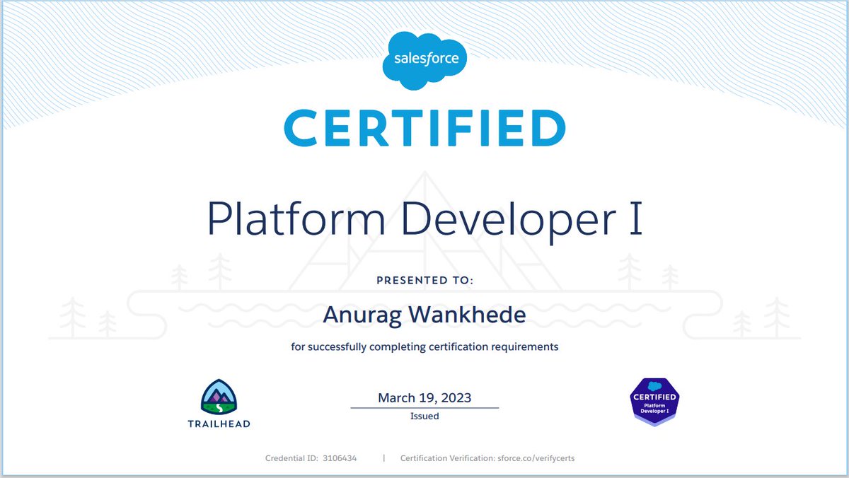 I am excited to share that I have successfully completed - 𝗦𝗮𝗹𝗲𝘀𝗳𝗼𝗿𝗰𝗲 𝗖𝗲𝗿𝘁𝗶𝗳𝗶𝗲𝗱 𝗣𝗹𝗮𝘁𝗳𝗼𝗿𝗺 𝗗𝗲𝘃𝗲𝗹𝗼𝗽𝗲𝗿 𝗜 Certification.

#salesforce #salesforcedevelopers #salesforcecommunity #pd1