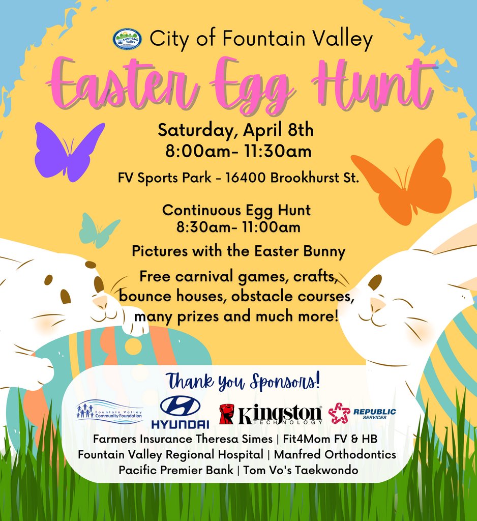 myfvparks's tweet image. Join the City of Fountain Valley for the Easter Egg Hunt on Saturday, April 8th at the FV Sports Park from 8 am - 11:30 am. 

#oc #socal #orangecountyca
#spring #easteregghunt