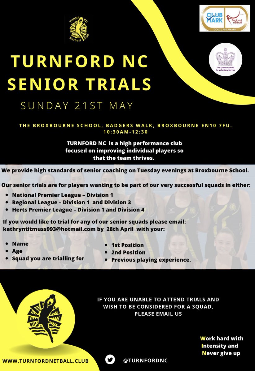 TurnfordNC's tweet photo. Would you like to join our senior teams? Contact us to attend our trials #blackandyellow #dreamteams #teamturnford https://t.co/ZY5Vu56uXT