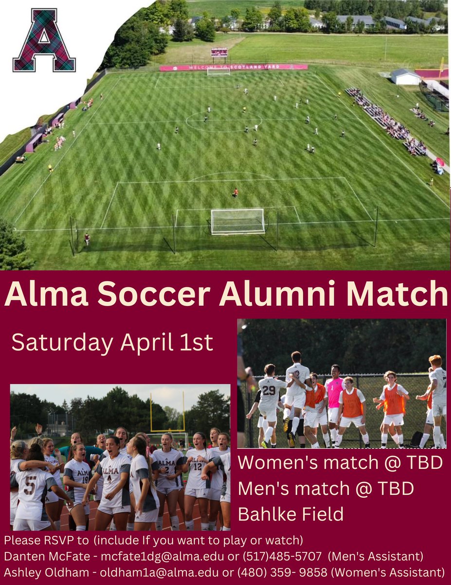 AlmaScotsWSOC's tweet photo. 🗣️ CALLING ALL ALUMNI 🗣️ We would love to see you back here for an Alumni Game! Use the contacts at the bottom of the flyer to RSVP! We hope to see you there!! https://t.co/BAh4yqcyFB