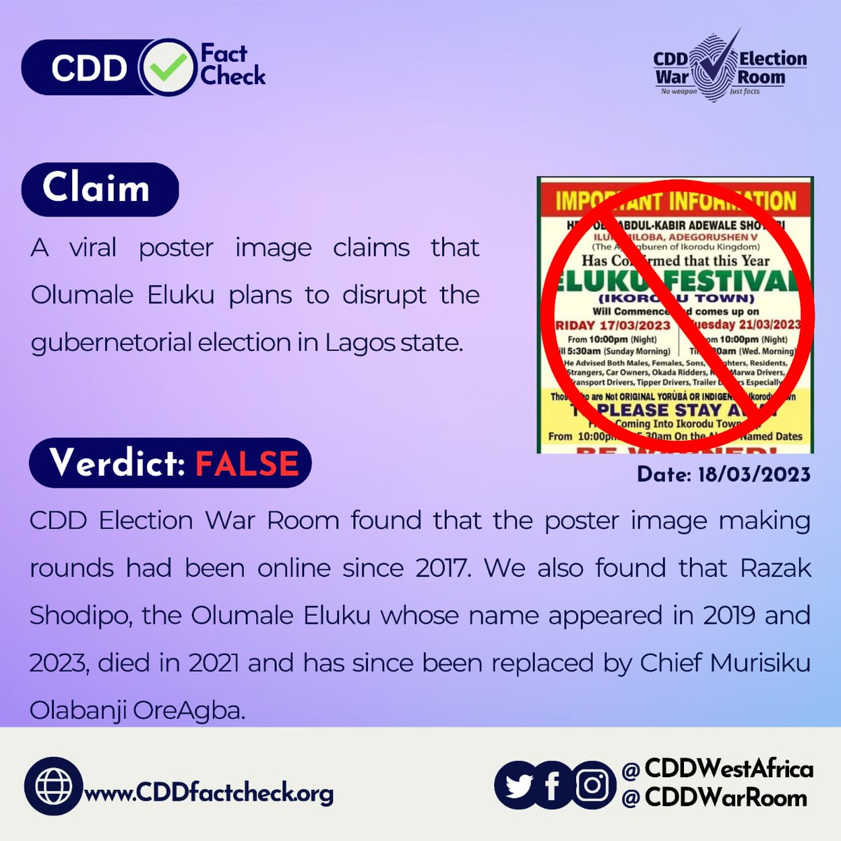 CDDWarRoom's tweet photo. #FactCheck: Viral image claims that the Eluku festival plans to disrupt the guber polls in Lagos state. @CDDWarRoom checked and found that the poster making rounds has been online since 2017. Read more on this here:https://t.co/mumbedE9x5
#CDDGuberFactCheck
#LagosDecides2023 https://t.co/8WPUPVGpNO