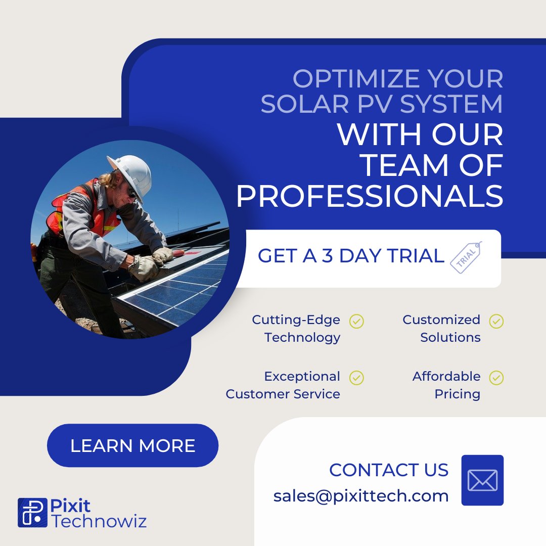 Optimize your Solar PV System, with our team Professionals. Connect Today and get the Pixit Advantage. ☀

✅Cutting Edge Technology
✅Customized Solutions
✅Exceptional Customer Service
✅Affordable Pricing

#SolarPVsystem #solarenergy #solarpvlayoutingservices #PixitTechnowiz