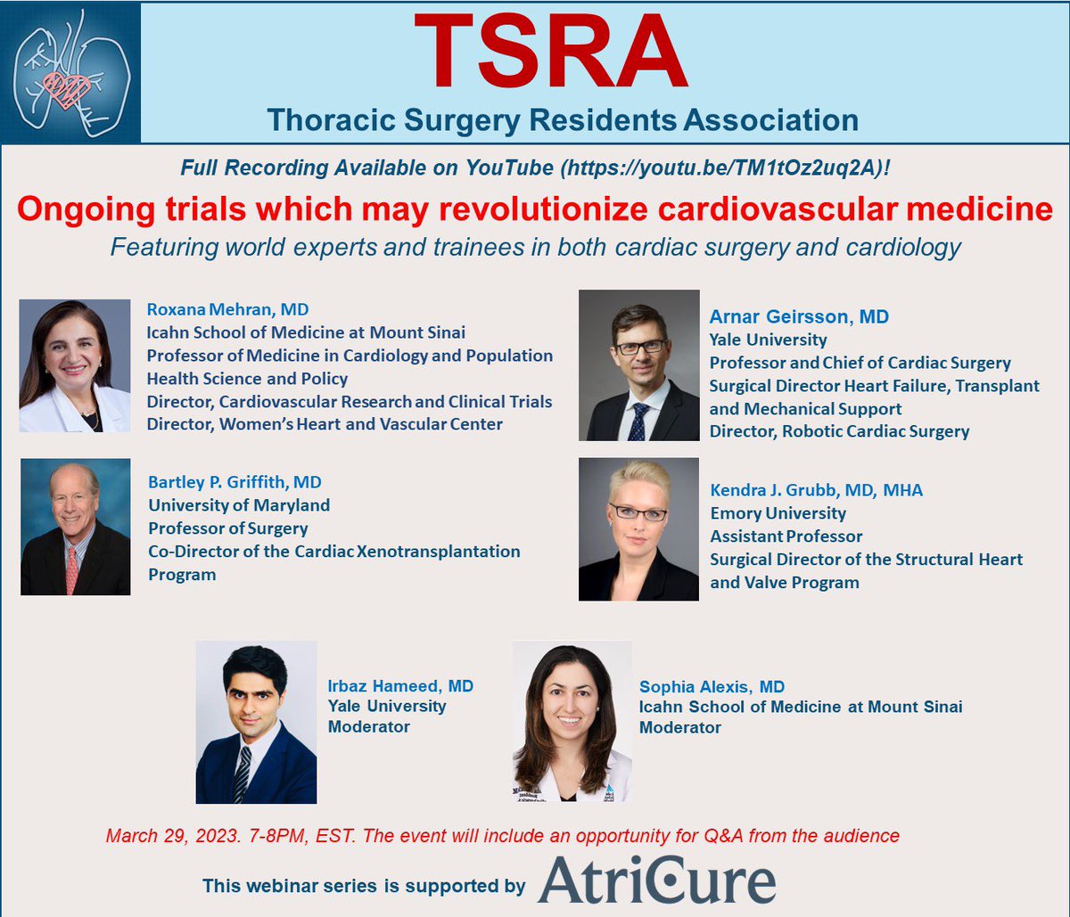 TSRA (@tsra_official) on Twitter photo 🚨 ⏰ Mark your calendars for this exciting upcoming webinar on ongoing trials which will revolutionize cardiovascular medicine. Featuring experts in both interventional cardiology and cardiac surgery! <a href="/Drroxmehran/">Dr Roxana Mehran</a> <a href="/ArnarGeirssonMD/">ArnarGeirssonMD</a> <a href="/KendraGrubb/">Kendra J. Grubb M.D.</a> <a href="/irbaz_hameed/">Irbaz Hameed, MD</a> <a href="/SLAlexisMD/">Sophia L. Alexis, MD</a> <a href="/tssmn/">CTSurgSocMedNetwork</a> 🚨 ⏰ Mark your calendars for this exciting upcoming webinar on ongoing trials which will revolutionize cardiovascular medicine. Featuring experts in both interventional cardiology and cardiac surgery! <a href="/Drroxmehran/">Dr Roxana Mehran</a> <a href="/ArnarGeirssonMD/">ArnarGeirssonMD</a> <a href="/KendraGrubb/">Kendra J. Grubb M.D.</a> <a href="/irbaz_hameed/">Irbaz Hameed, MD</a> <a href="/SLAlexisMD/">Sophia L. Alexis, MD</a> <a href="/tssmn/">CTSurgSocMedNetwork</a>