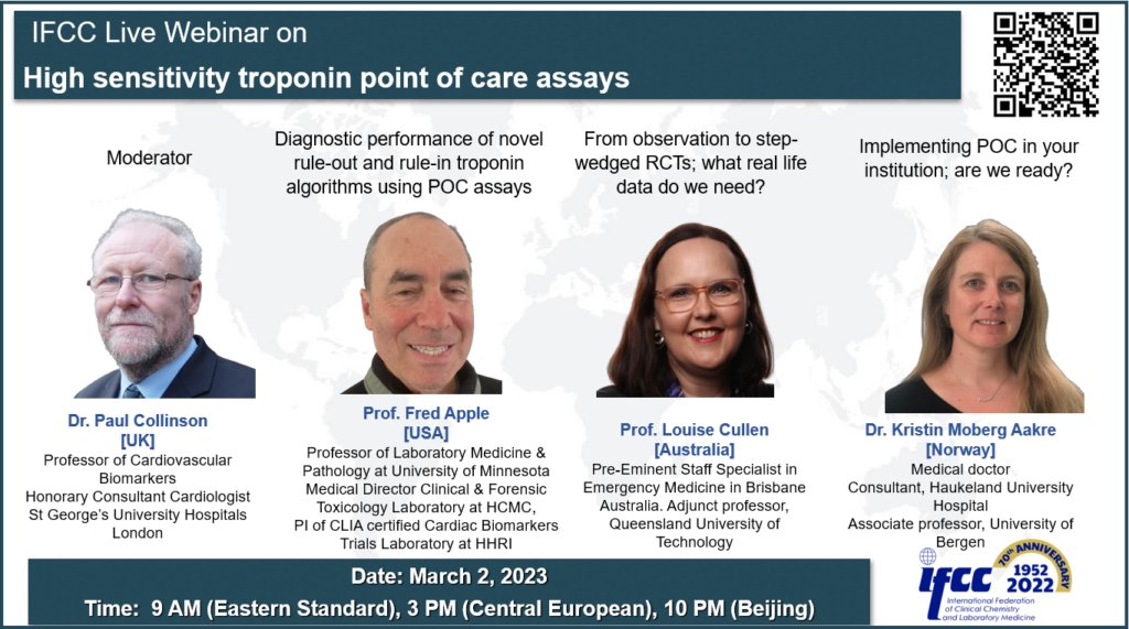 Our webinars are now available in the IFCC YouTube channel &amp; listed in our website bit.ly/3n6s60B. Check out our latest webinar on high-sensitivity cardiac troponin point of care assays ➡ bit.ly/3ZQrB9D <a href="/PaulOCollinson/">Paul Collinson</a> <a href="/mrapple004/">Fred Apple</a> <a href="/louiseacullen/">Louise Cullen</a> @AakreMoberg