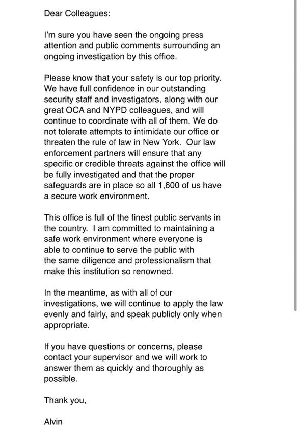 This is a well-done communication by DA Alvin Bragg to employees, full knowing it would hit the media.