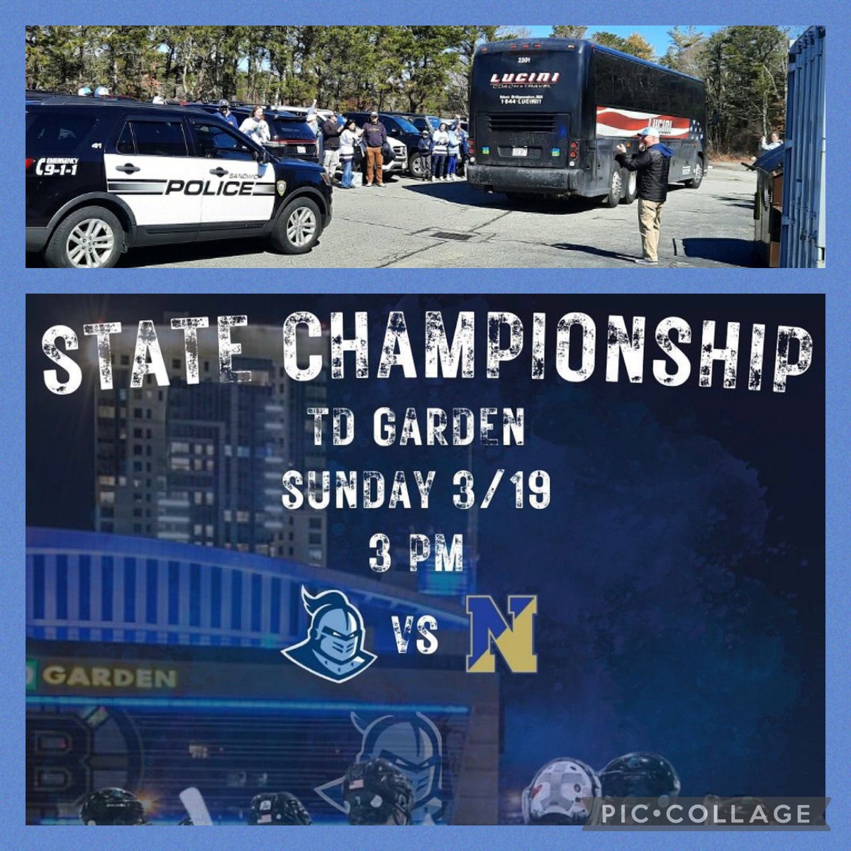 GalloIceArena's tweet photo. GO SANDWICH BLUE KNIGHTS! #OnTheirWay #RoadTrip #TheGarden #D4StateChampionship https://t.co/YIZRVdzH6y